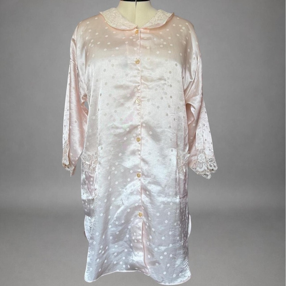 Vintage Elizabeth white & pink polka dot lace nightgown with button-up lace trim